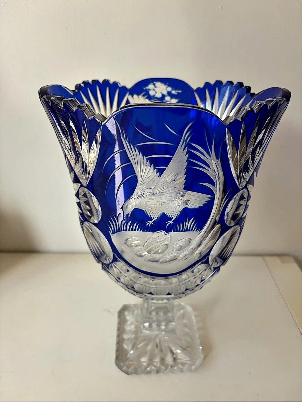 BOHEMIAN COBALT BLUE CRYSTAL PEDESTAL VASE BY GOLDBERG 11”*7 3/4”